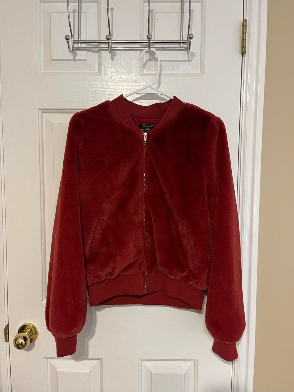 Chocolate Plush Bomber Jacket in Wine Red